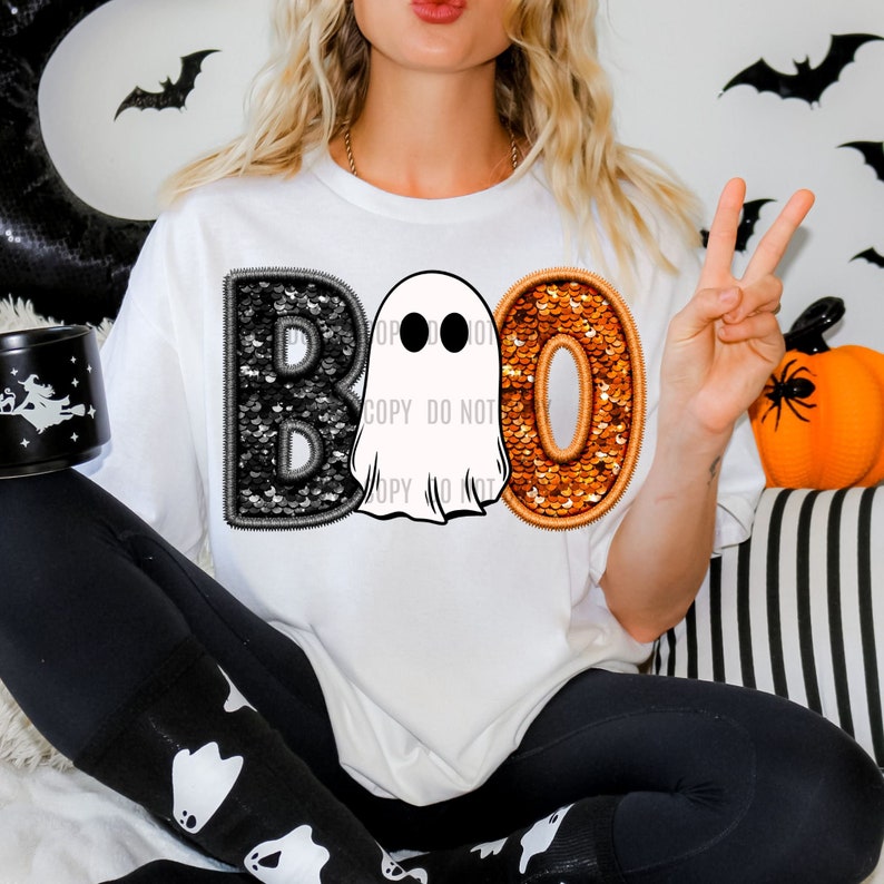 Descarga digital de fantasma Boo, fantasma Boo con lentejuelas, diseño de camiseta de Halloween, fantasma de Halloween PNG, fantasma de Halloween PNG digital imagen 1