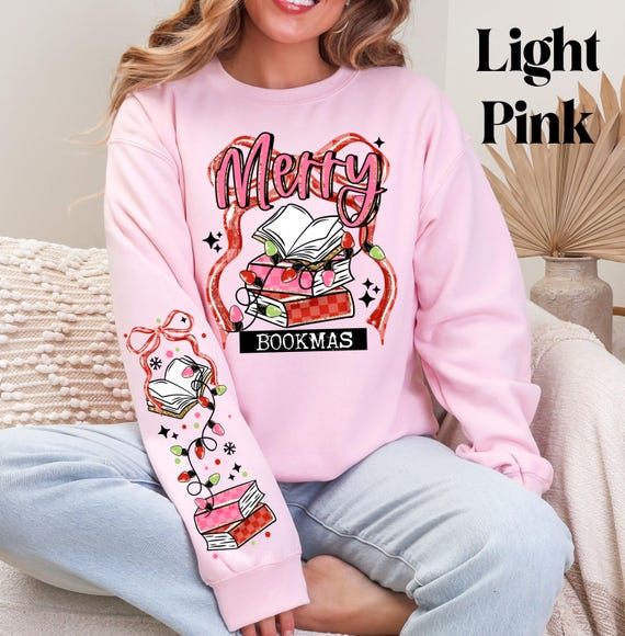 Merry Bookmas Sweatshirt Christmas Book Sweatshirt With Matching Sleeves Pink Christmas Sweatshirt All Booked For Christmas Sweatshirt