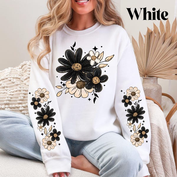 Floral Crewneck Sweatshirt With Matching Sleeves Spring Sweatshirt Wildflower Sweatshirt Gift For Women Kids Sweatshirt