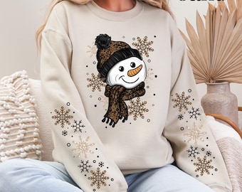 Leopard Snowman Sweatshirt Jolly Snowman Sweater With Matching Sleeves Festive Winter Sweatshirt Womens Christmas Sweater Cute Snowman Shirt