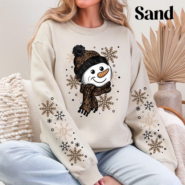Leopard Snowman Sweatshirt Jolly Snowman Sweater With Matching Sleeves Festive Winter Sweatshirt Womens Christmas Sweater Cute Snowman Shirt