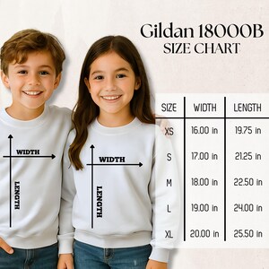 May include: A Gildan 18000B size chart for sweatshirts, displaying width and length measurements in inches for sizes XS through XL. The chart lists XS at 16.00 by 19.75 inches, S at 17.00 by 21.25 inches, M at 18.00 by 22.50 inches, L at 19.00 by 24.00 inches, and XL at 20.00 by 25.50 inches.