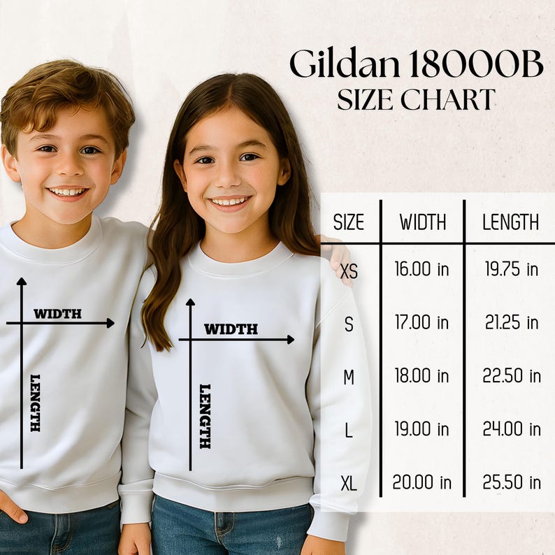 May include: A Gildan 18000B size chart for sweatshirts, displaying width and length measurements in inches for sizes XS through XL. The chart lists XS at 16.00 by 19.75 inches, S at 17.00 by 21.25 inches, M at 18.00 by 22.50 inches, L at 19.00 by 24.00 inches, and XL at 20.00 by 25.50 inches.
