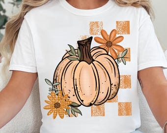 Checkered Pumpkin PNG Autumn Shirt Design Floral Pumpkin PNG Retro Distressed Fall PNG Pumpkin Sublimation Design Fall Digital Download