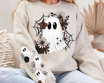 Fantasma floreale PNG con design a manica abbinato Halloween Png Boho Floral Halloween Floral Fall Ghost Shirt Design Halloween Sublimation Design