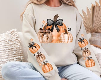 Coquette Pumpkins Sweatshirt With Matching Sleeves Pumpkin Bow Shirt Cute Fall Sweatshirts Pumpkin Shirt Womens Fall Outfit Halloween Shirt