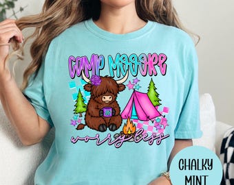Camp More Worry Less T-Shirt Highland Cow Shirt Camping Comfort Colors T-Shirt Womens Camping Shirt
