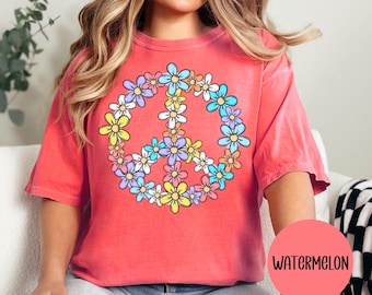 Floral Peace Sign Comfort Colors T-Shirt Spring Shirt Groovy Retro Hippy Shirt Peace Sign Shirt Summer Tees For Women Trending Tops