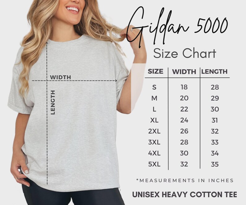 May include: A light grey short-sleeve t-shirt with a size chart titled Gildan 5000 Size Chart. The chart lists sizes S through 5XL with corresponding width and length measurements in inches, ranging from 18 to 32 inches wide and 28 to 35 inches long.