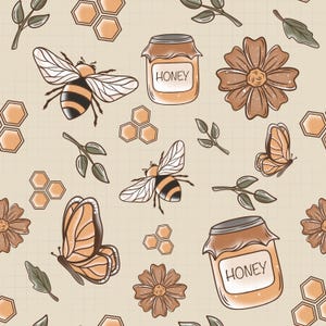 Honey Bee Seamless Pattern Summer Bumblebee Seamless File Png Vintage Cottagecore Png Earthy Nature Repeating Seamless Png Digital Download