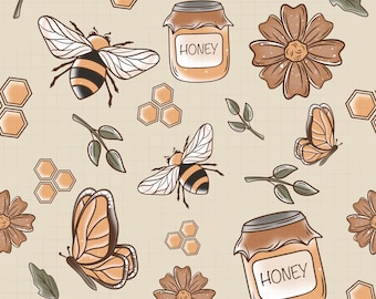Honey Bee Seamless Pattern Summer Bumblebee Seamless File Png Vintage Cottagecore Png Earthy Nature Repeating Seamless Png Digital Download