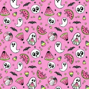 May include: A repeating pattern on a pink background featuring Halloween-themed illustrations. The design includes white skulls, ghosts, bats, watermelon slices, candy corn, and beach balls. The pattern is decorated with stars.