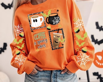 Coffee and Spooky Vibes DTF Transfer With Matching Sleeve Option Spooky Coffee Transfer Halloween Ready to Press Transfer Bats DTF Transfer