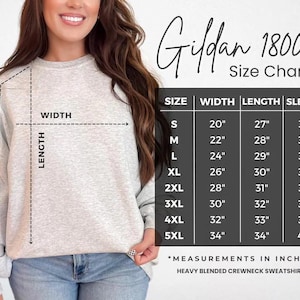 K&ouml;nnte beinhalten: Gildan 18000 Gr&ouml;&szlig;entabelle f&uuml;r ein schweres, gemischtes Sweatshirt mit Rundhalsausschnitt. Die Tabelle zeigt die Ma&szlig;e in Zoll f&uuml;r Breite, L&auml;nge und &Auml;rmell&auml;nge f&uuml;r die Gr&ouml;&szlig;en S bis 5XL.