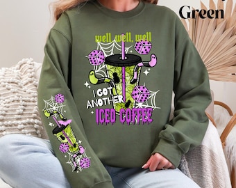 Halloween Iced Coffee Sweatshirt With Matching Sleeves, Spooky Coffee Shirt, Halloween Pullover Sweatshirt, Spooky Season Crewneck
