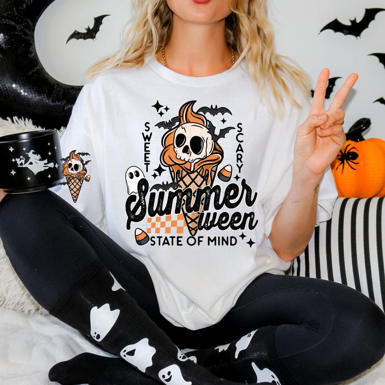 Summerween Shirt Spooky Summer T-Shirt Halloween Shirt Spooky Ice Cream Summerween Tops and Tees White