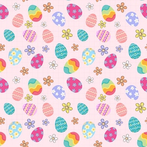May include: A repeating pattern of colorful Easter eggs and flowers on a light pink background. The eggs are decorated with various patterns and colors, including pink, blue, yellow, and green. The flowers are in shades of yellow, orange, and purple.