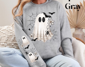 Ghost Sweatshirt, Womens Halloween Pullover, Boho Halloween Fall Sweatshirt, Floral Ghost Shirt Matching Sleeve Designs