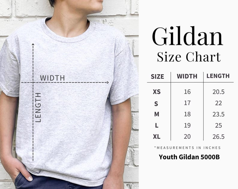 May include: A light grey t-shirt with a size chart titled Gildan Size Chart. The chart lists sizes XS through XL with corresponding width and length measurements in inches for the Youth Gildan 5000B model, indicated by dashed lines on the shirt.
