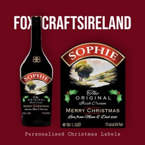 Custom Irish Cream Christmas Whiskey Label, Personalized Alcohol Bottle Label, Gift for Him, Gift for Her, Bar Decor