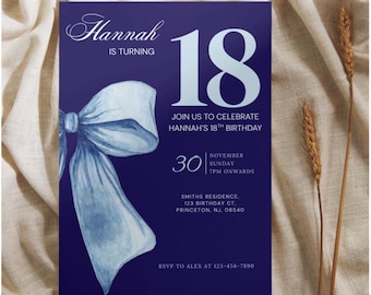 Navy Blue Bow 18th Birthday Invitation, Elegant Blue Invite, Editable Canva Template, Birthday Party Printable, Instant Download