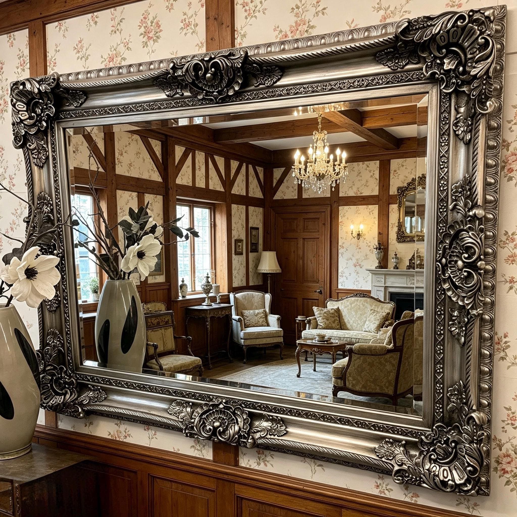 LG Antique Silver Wall Mirror Ornate Baroque Decorative 120cm X