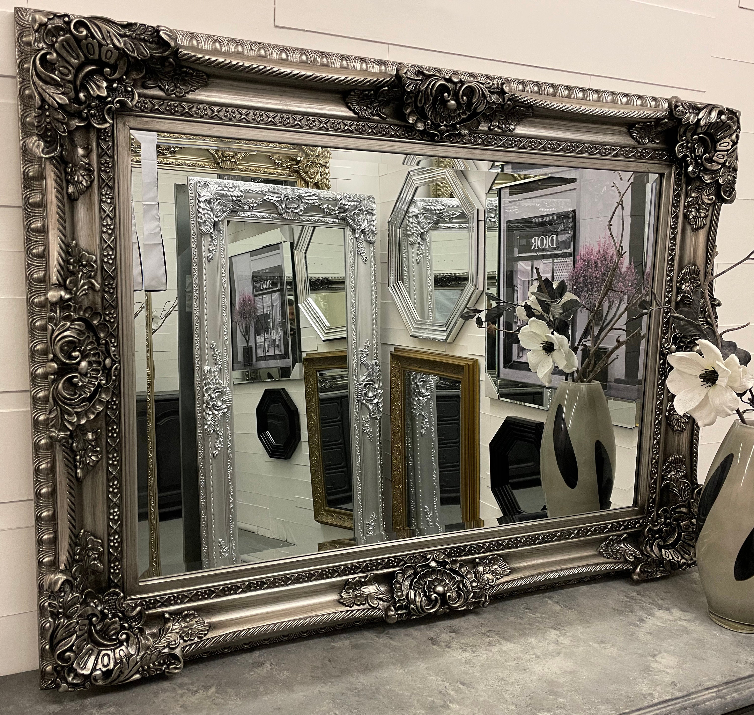 LG Antique Silver Wall Mirror Ornate Baroque Decorative 120cm X