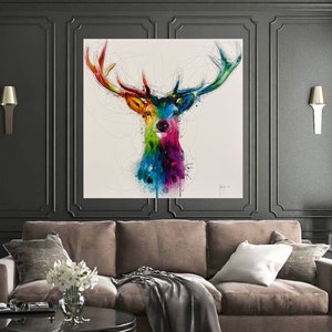 May include: A colorful abstract painting of a deer's head with large antlers. The deer is painted in shades of blue, green, yellow, orange, and red. The background is white with black lines.