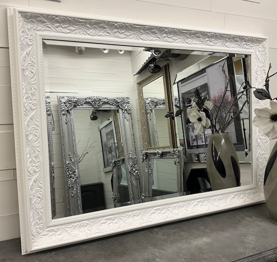 Large white framed mirror discount