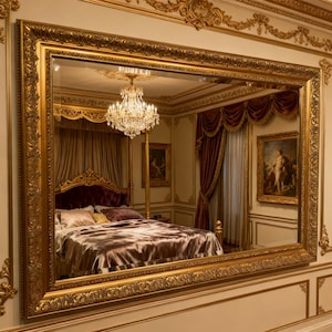 May include: A large, gold framed mirror reflecting a luxurious bedroom. The bedroom features a four-poster bed with a burgundy headboard, a chandelier, and velvet curtains. The mirror is mounted on a cream-coloured wall with gold trim.