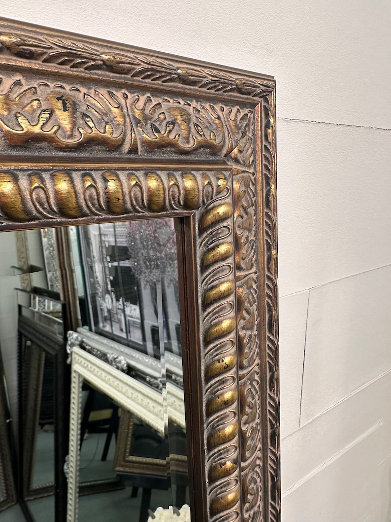 May include: A large, ornate mirror with a gold and brown frame. The frame has a detailed, carved design with a rope-like pattern.
