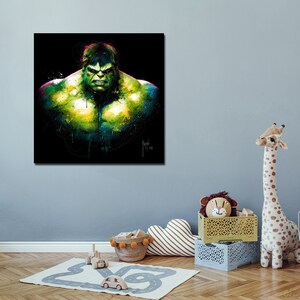 May include: A digital painting of the Hulk, a green superhero, with a black background. The Hulk is depicted with a fierce expression, his muscles bulging, and green, yellow, and blue paint splatters around him.