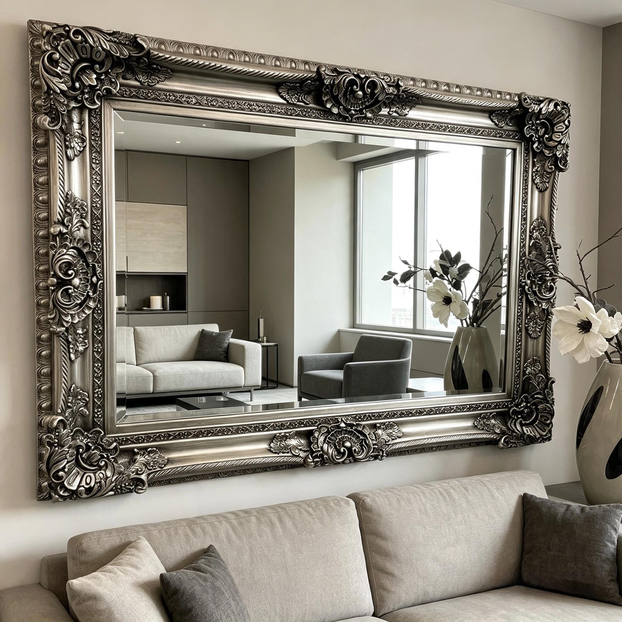 LG Antique Silver Wall Mirror Ornate Baroque Decorative 120cm X