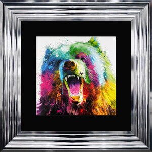 May include: A colorful abstract painting of a bear with its mouth open, showing its teeth. The bear is painted in shades of pink, green, yellow, and blue, with splashes of paint around it.