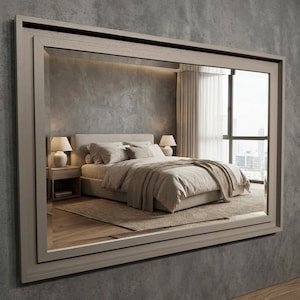 May include: A large, rectangular mirror with a light wood frame is mounted on a grey wall. The mirror reflects a bedroom scene with a bed, bedside tables, lamps, and a window with a city view. The bed has beige bedding and a matching throw.