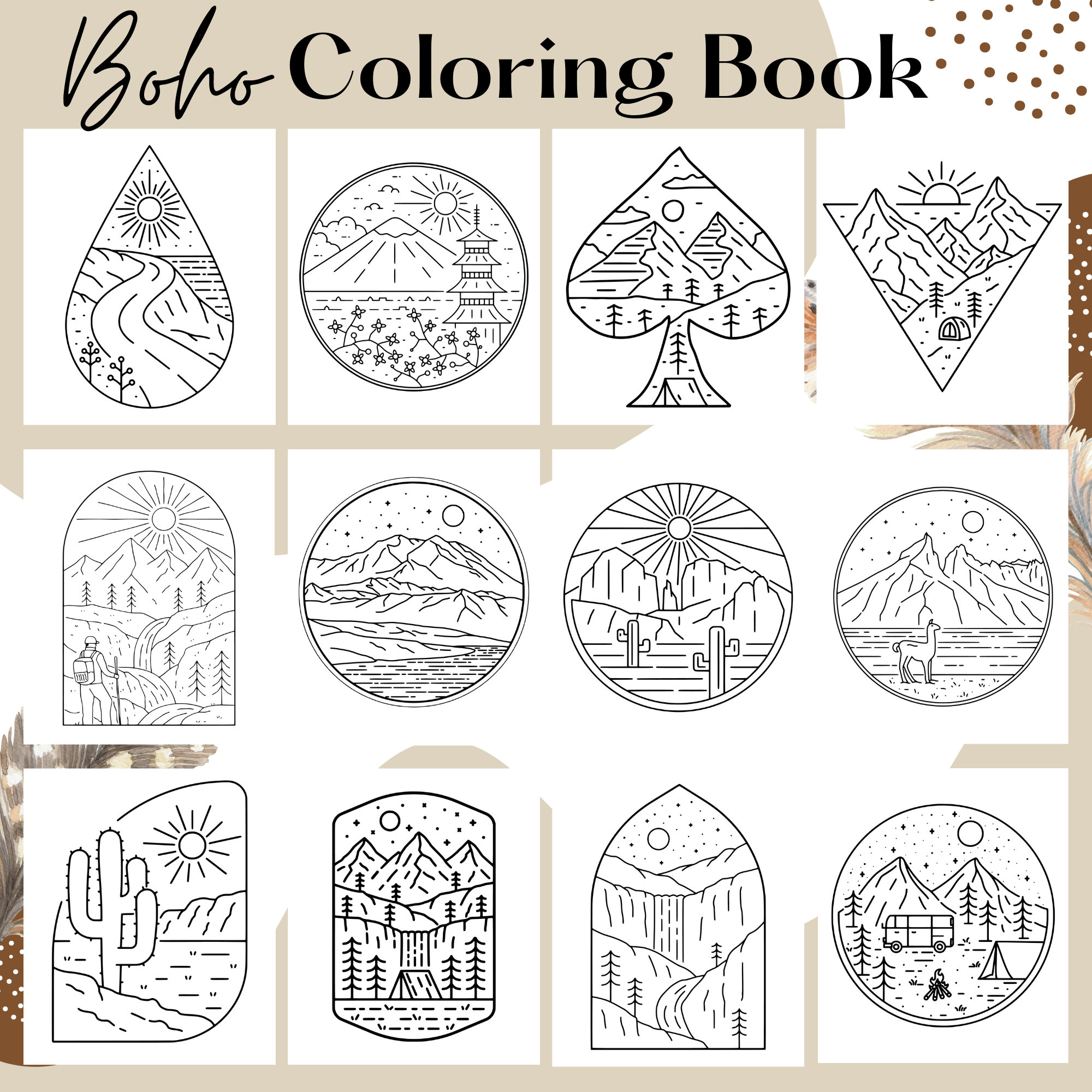 Minimalist Scenery Coloring Pages for Adults – Boho Printable Coloring Book with Relaxing Landscapes - Image 1