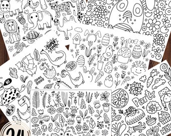 以下が含まれることがあります： 動物、植物、オブジェクトなど、さまざまなイラストが描かれた、白黒の塗り絵10枚セット。ページには、「スーパークール」、「クールデュード」、「ハローブロ」、「パーティー」、「ハイ」などのテキストが含まれています。