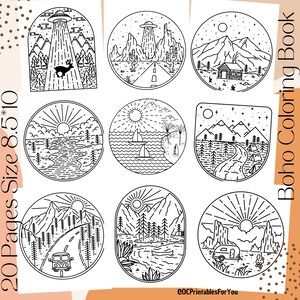 Boho Summer Coloring Pages, Adult Boho Coloring Pages,Mountain,Camping &Landscape Coloring Pages,Printable Coloring Digital Download Scenery