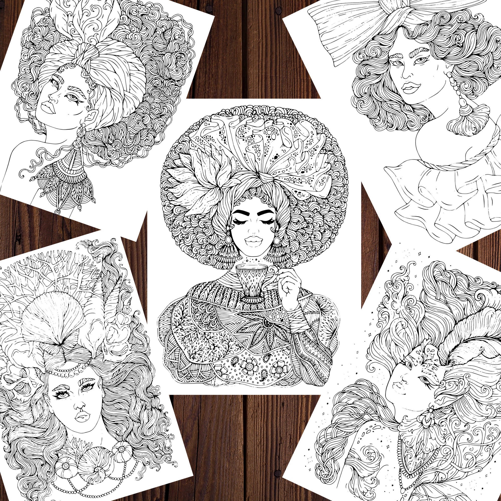 Women Coloring Pages, Printable Art Instant Download Portrait Coloring
