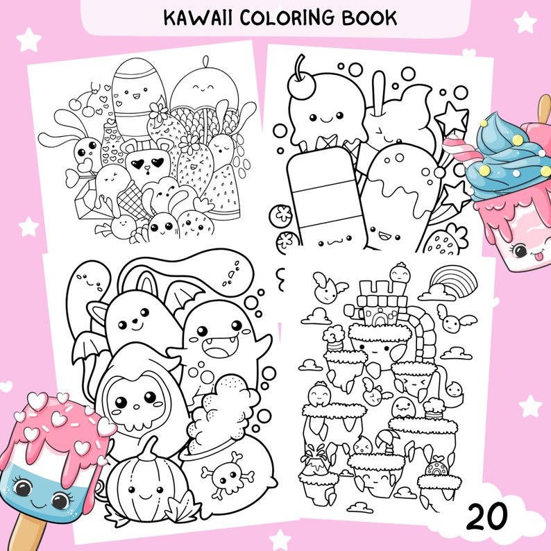 Kawaii Coloring Pages, Cute Coloring Pages, 20 Pages, PDF | Digital ...