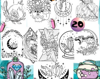 Crystals, Mushrooms, and Witchy Coloring Book (Digital File)