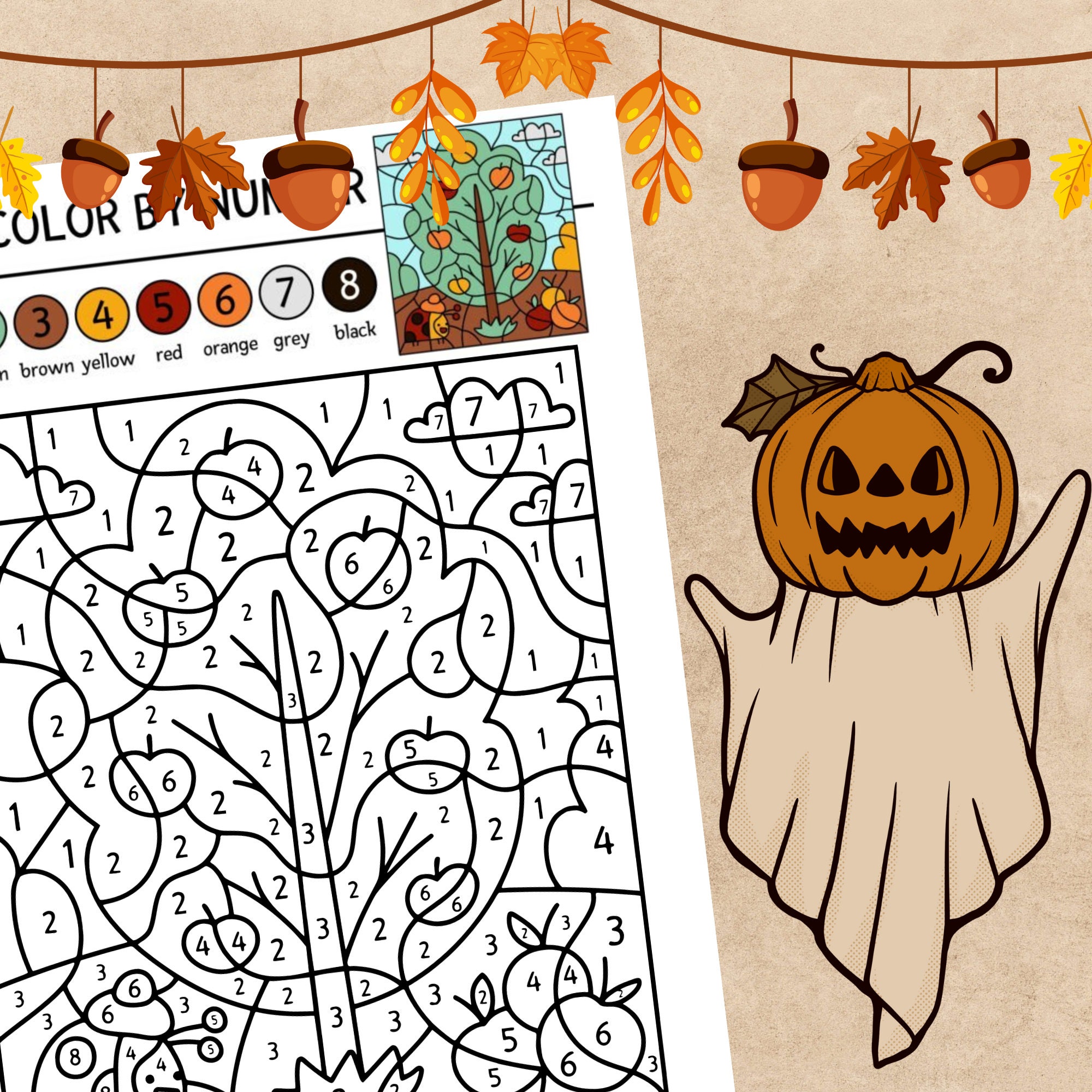 Halloween Color by Number Printable Coloring Pages Autumn Color by Number Fun Activity Printable