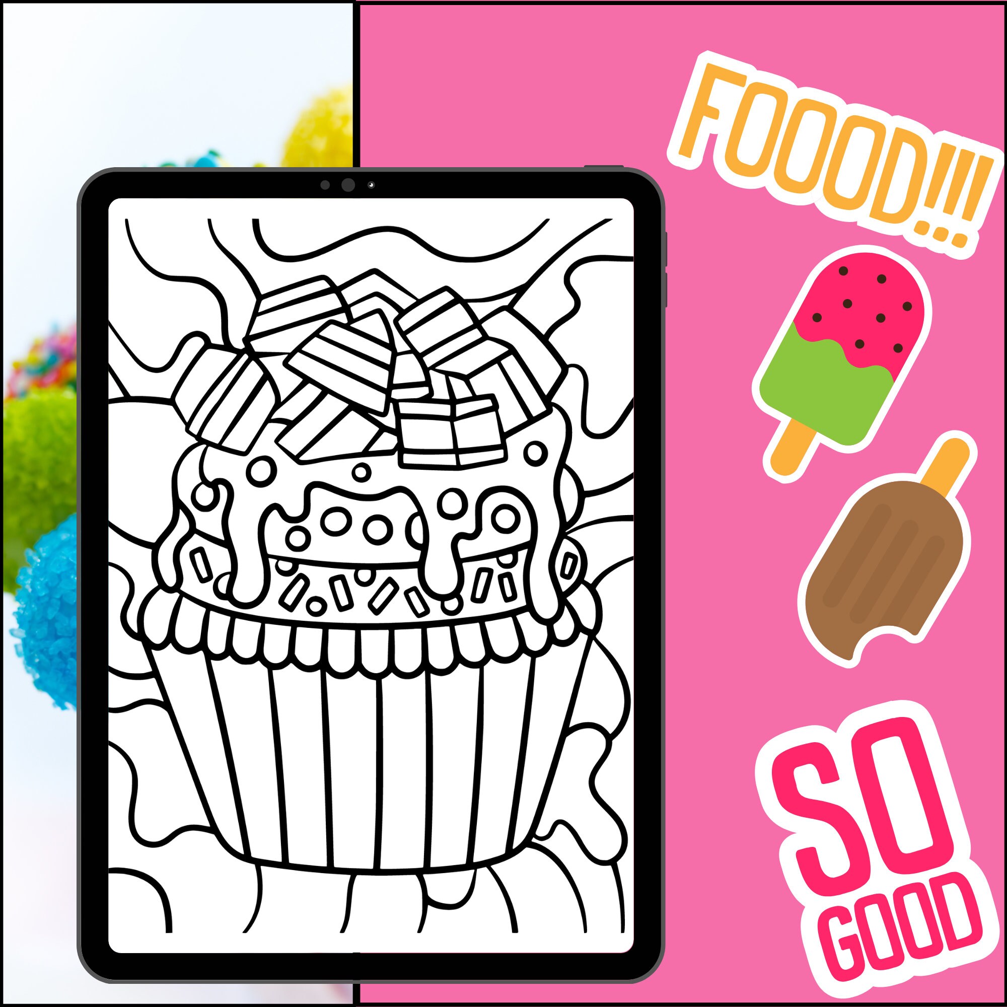 Sweet Food Coloring Pages :cute Cupcakes, Pancakes, Ice Cream, Donuts