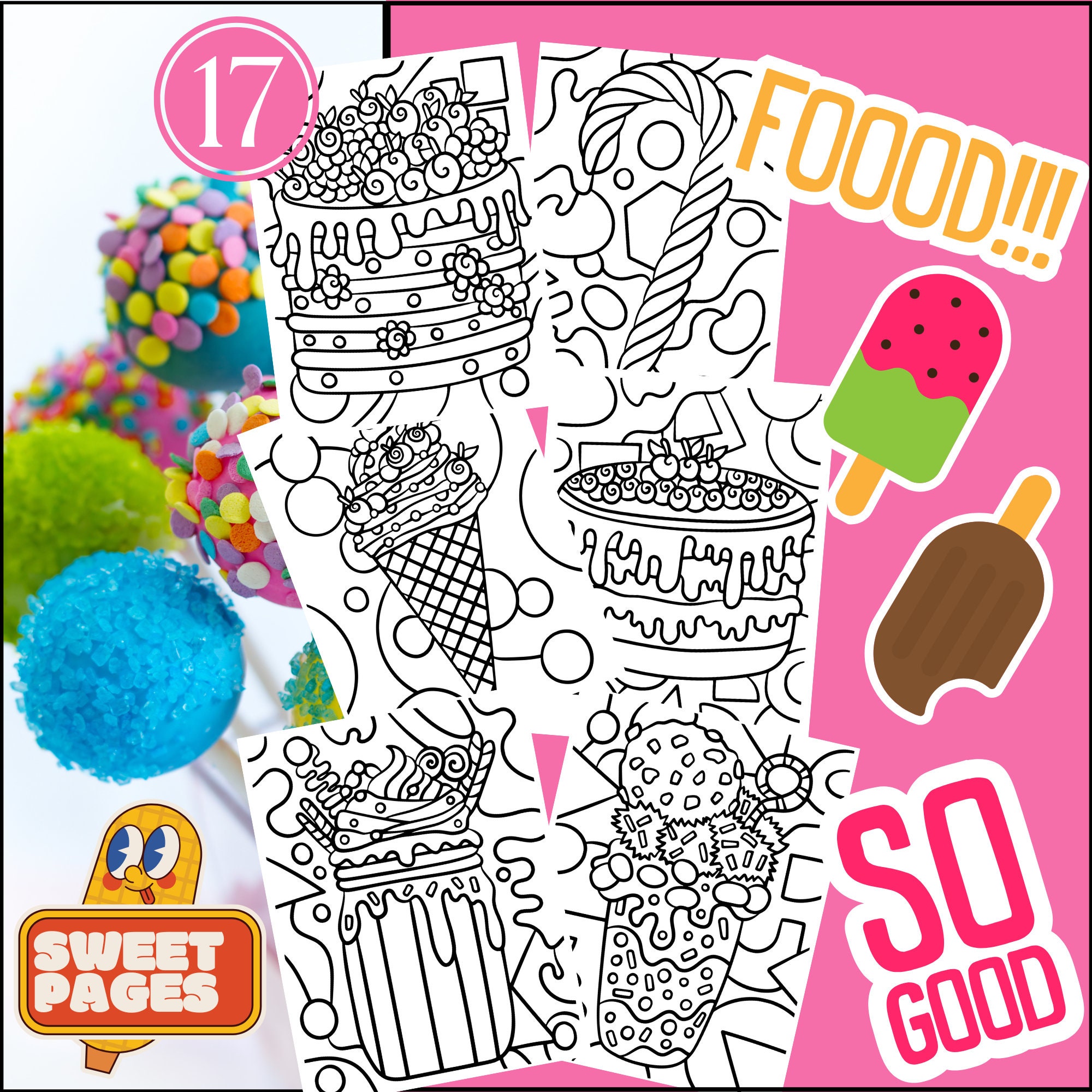 Sweet Food Coloring Pages cute Cupcakes, Pancakes, Ice Cream, Donuts