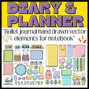 Diary & Planner| Bullet Journal Hand Drawn Vector Elements For Notebook| Post Its Hand Drawn Digital Bullet Journal Stickers| Doodle Planner