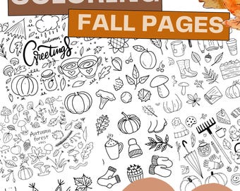 Op de afbeelding: Zwart-wit kleurplaten met herfstthema's. De afbeelding bevat pompoenen, bladeren, paddenstoelen en de tekst "COLORING FALL PAGES". De pagina's zijn 20,57 x 27,94 cm groot.