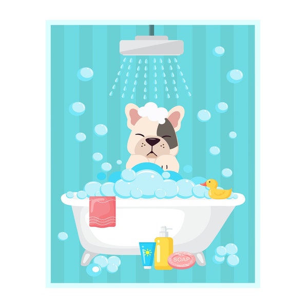 French Bulldog Taking A Bath Wall Art - Bathroom prints kids - Dog Bathing Poster - Bathtub Wall Art - Kids Bathroom Decor - Nursery Decor