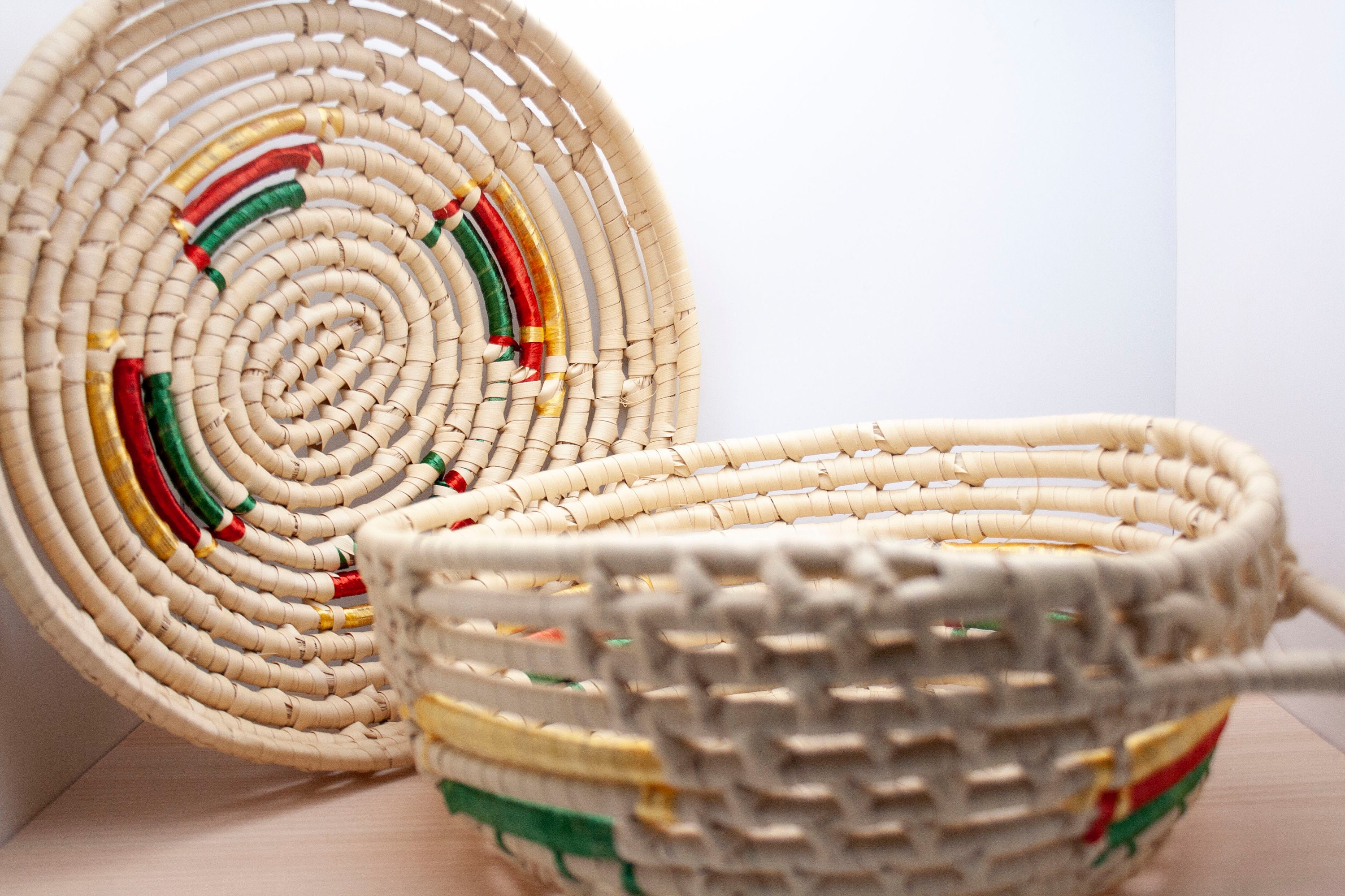 Handmade Basket with Lid with Red Yellow and Green Detail