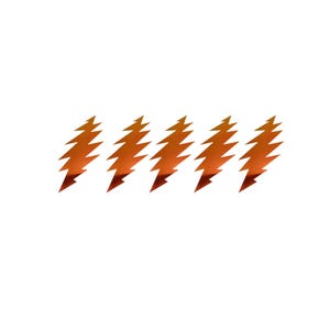May include: Five identical lightning bolt shapes arranged in a horizontal row. Each bolt features a metallic copper finish with a reflective surface, characterized by a jagged, stepped edge design that tapers to a point at the top and bottom.
