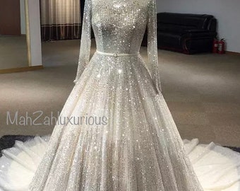 MahZahluxurious Luxury Ball Gowns Long Sleeves High Neck Wedding Gown Full Beaded Crystals Dresses Cathedral/Royal Train Wedding Dresses